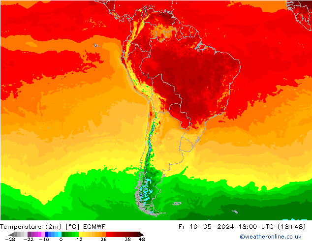 mapa temperatury (2m) ECMWF pt. 10.05.2024 18 UTC