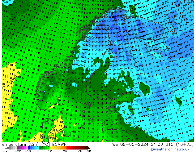 Temperatura (2m) ECMWF mié 08.05.2024 21 UTC