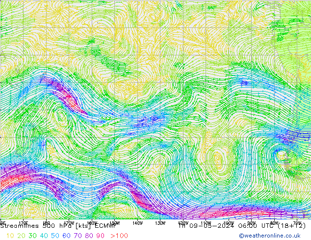 Linea di flusso 500 hPa ECMWF gio 09.05.2024 06 UTC