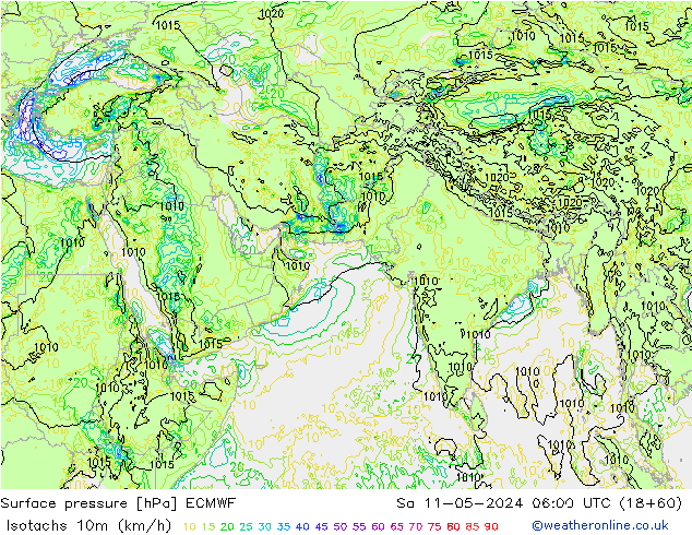 Izotacha (km/godz) ECMWF so. 11.05.2024 06 UTC