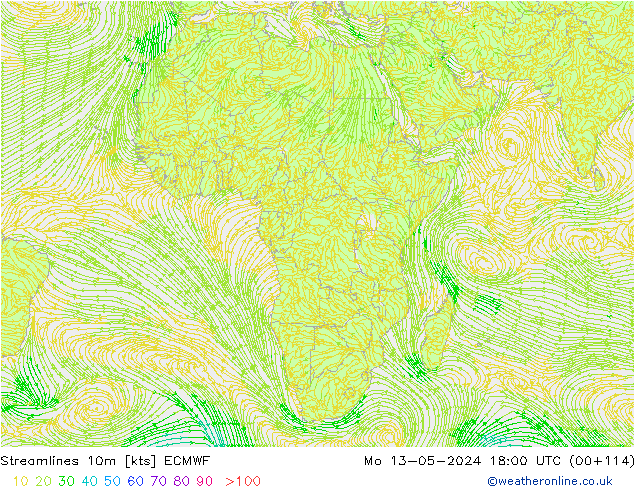Linia prądu 10m ECMWF pon. 13.05.2024 18 UTC