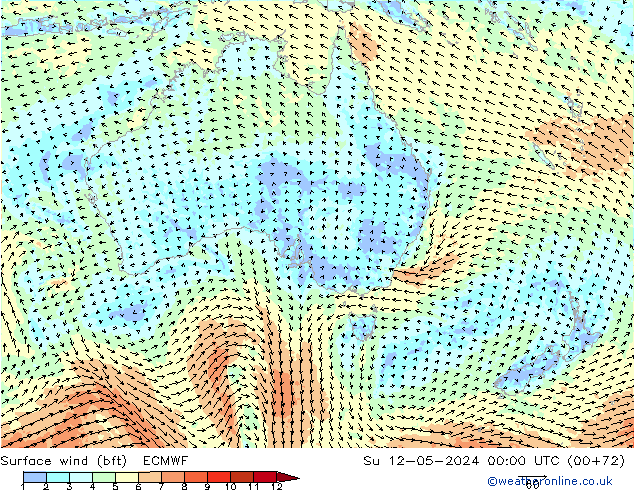 Surface wind (bft) ECMWF Ne 12.05.2024 00 UTC