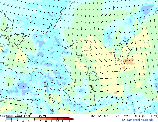 Surface wind (bft) ECMWF Po 13.05.2024 12 UTC