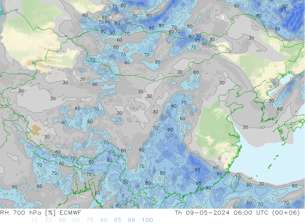 RH 700 hPa ECMWF 星期四 09.05.2024 06 UTC