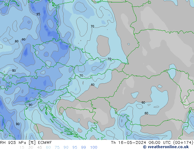 Humidité rel. 925 hPa ECMWF jeu 16.05.2024 06 UTC