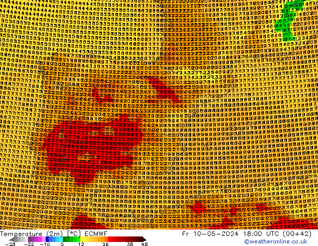 Temperatuurkaart (2m) ECMWF vr 10.05.2024 18 UTC