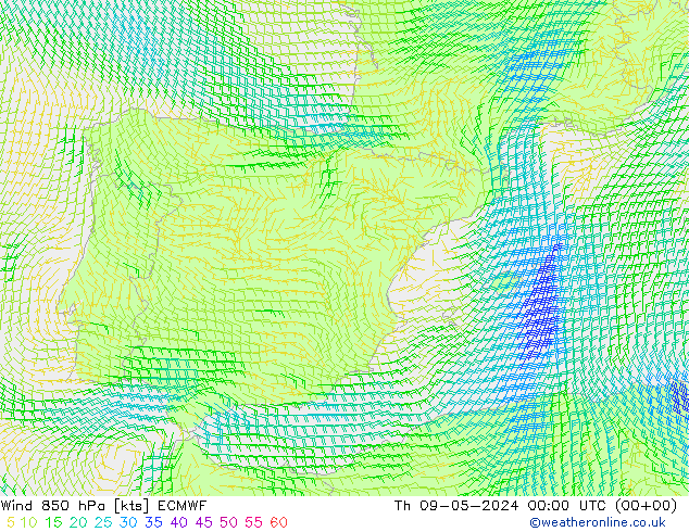 Viento 850 hPa ECMWF jue 09.05.2024 00 UTC