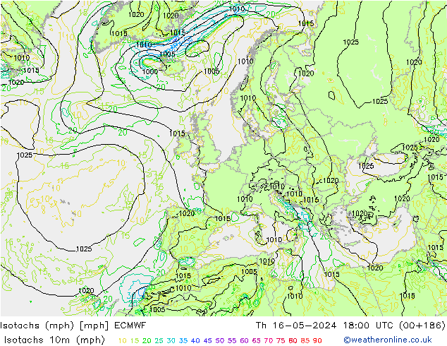 Isotachs (mph) ECMWF Čt 16.05.2024 18 UTC