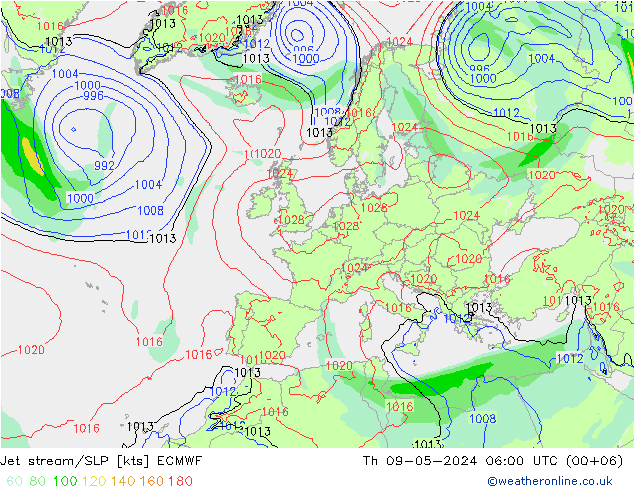 高速氣流/地面气压 ECMWF 星期四 09.05.2024 06 UTC