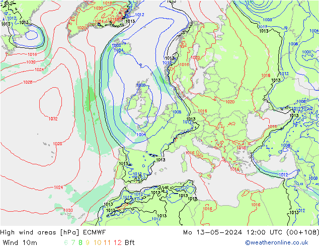 High wind areas ECMWF lun 13.05.2024 12 UTC