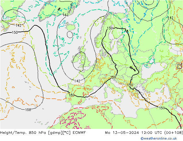 Height/Temp. 850 hPa ECMWF Mo 13.05.2024 12 UTC