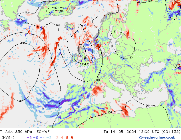 T-Adv. 850 hPa ECMWF mar 14.05.2024 12 UTC