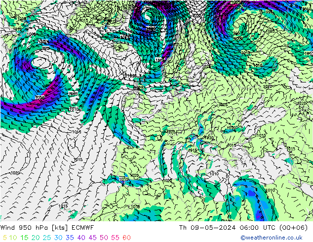 Wind 950 hPa ECMWF Čt 09.05.2024 06 UTC