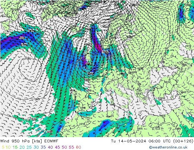 Wind 950 hPa ECMWF Tu 14.05.2024 06 UTC