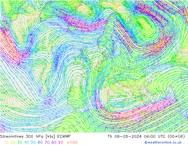 风 300 hPa ECMWF 星期四 09.05.2024 06 UTC