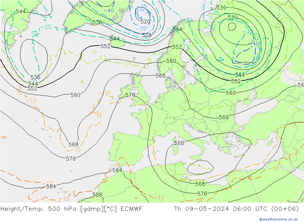 Z500/Rain (+SLP)/Z850 ECMWF 星期四 09.05.2024 06 UTC