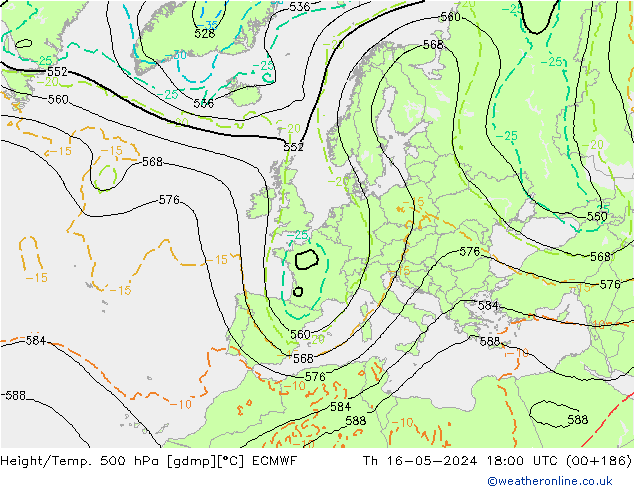 Z500/Rain (+SLP)/Z850 ECMWF jue 16.05.2024 18 UTC