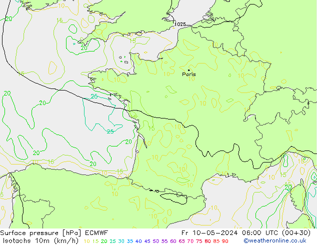 Isotachs (kph) ECMWF ven 10.05.2024 06 UTC