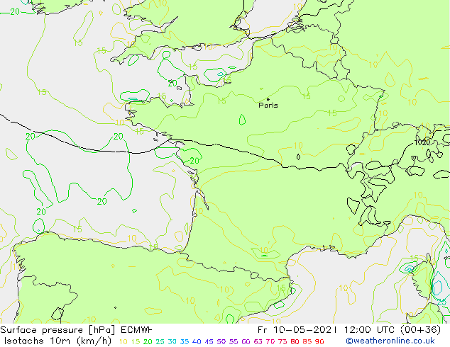 Isotachen (km/h) ECMWF vr 10.05.2024 12 UTC
