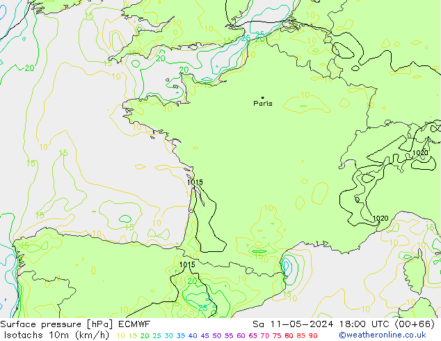 Isotaca (kph) ECMWF sáb 11.05.2024 18 UTC