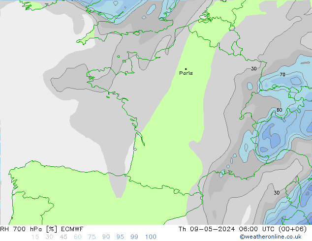 Humidité rel. 700 hPa ECMWF jeu 09.05.2024 06 UTC