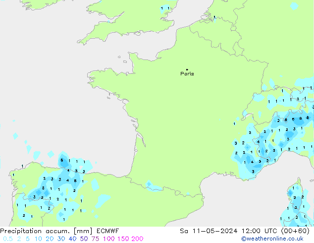 Precipitation accum. ECMWF сб 11.05.2024 12 UTC