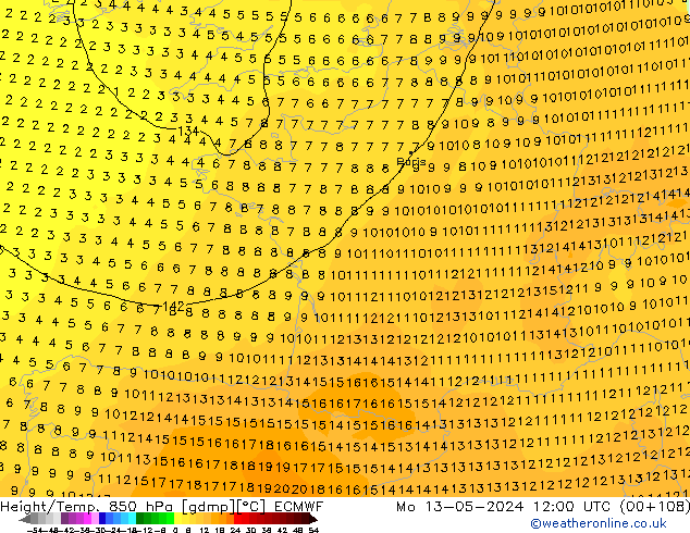 Z500/Yağmur (+YB)/Z850 ECMWF Pzt 13.05.2024 12 UTC