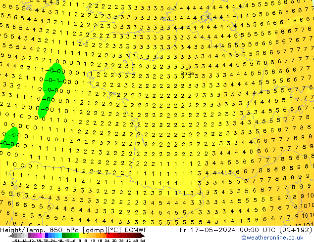 Hoogte/Temp. 850 hPa ECMWF vr 17.05.2024 00 UTC