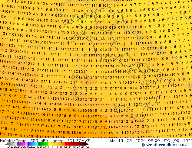 Yükseklik/Sıc. 850 hPa ECMWF Pzt 13.05.2024 06 UTC