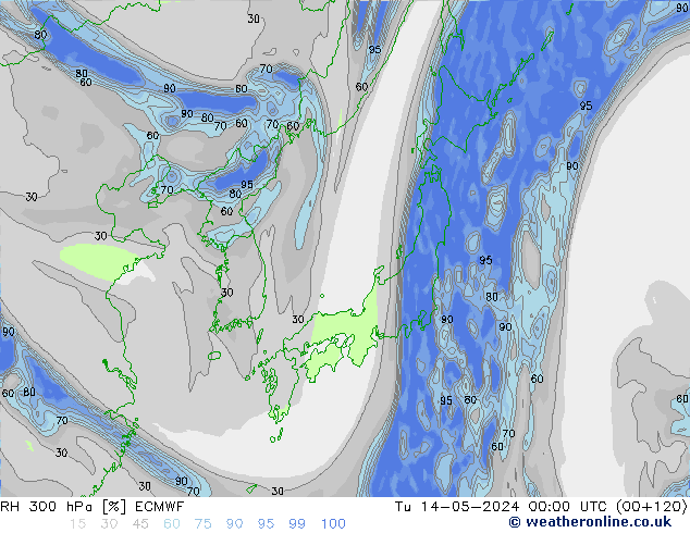 RH 300 hPa ECMWF wto. 14.05.2024 00 UTC