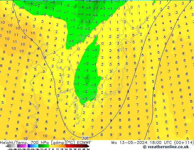 Hoogte/Temp. 700 hPa ECMWF ma 13.05.2024 18 UTC