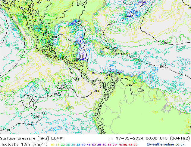 Isotachs (kph) ECMWF пт 17.05.2024 00 UTC