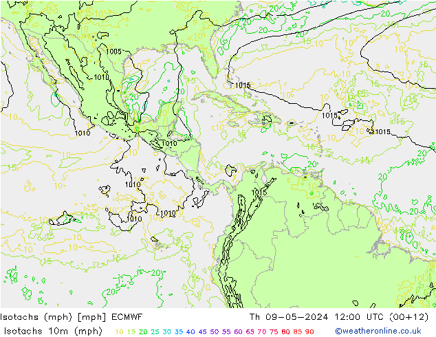 Isotachs (mph) ECMWF Th 09.05.2024 12 UTC