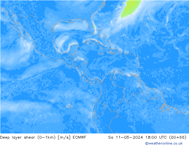 Deep layer shear (0-1km) ECMWF  11.05.2024 18 UTC