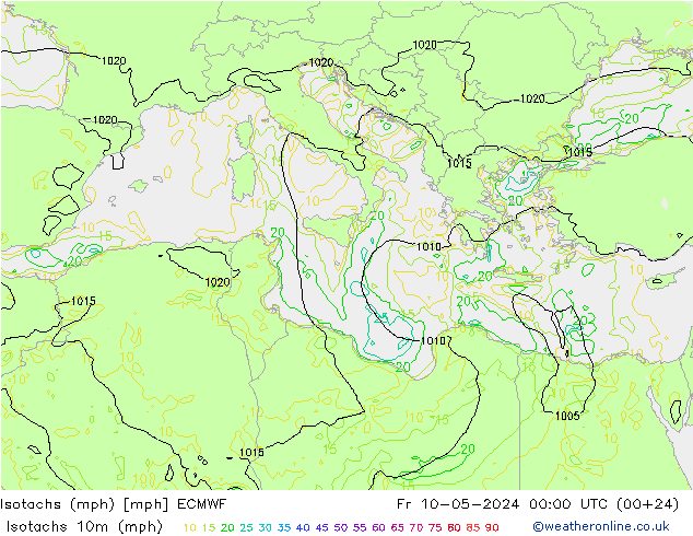 Isotaca (mph) ECMWF vie 10.05.2024 00 UTC