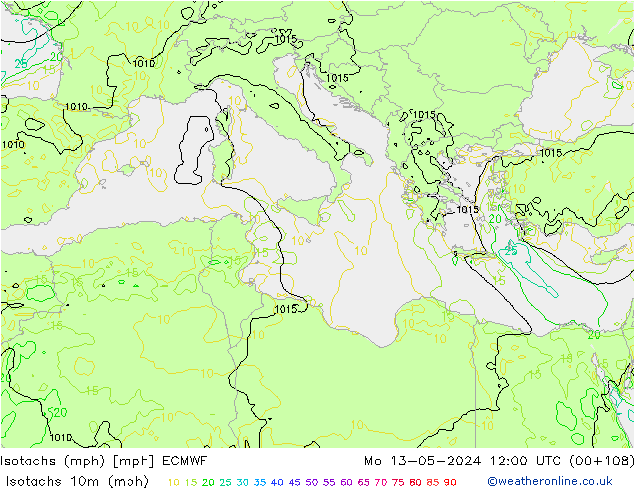 Isotachs (mph) ECMWF Seg 13.05.2024 12 UTC