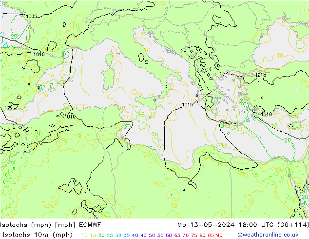 Isotachs (mph) ECMWF lun 13.05.2024 18 UTC