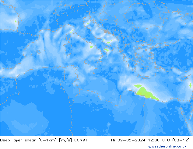 Deep layer shear (0-1km) ECMWF Per 09.05.2024 12 UTC