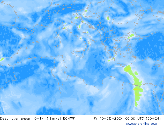 Deep layer shear (0-1km) ECMWF vr 10.05.2024 00 UTC