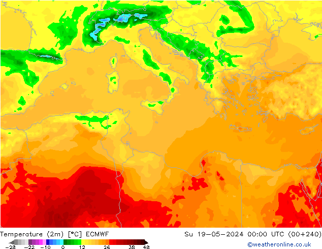 Temperatuurkaart (2m) ECMWF zo 19.05.2024 00 UTC