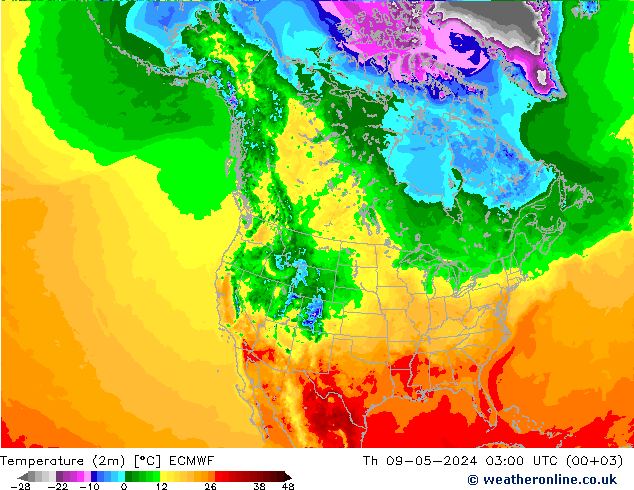 Temperatuurkaart (2m) ECMWF do 09.05.2024 03 UTC