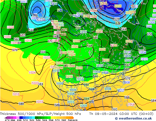 Thck 500-1000hPa ECMWF Qui 09.05.2024 03 UTC