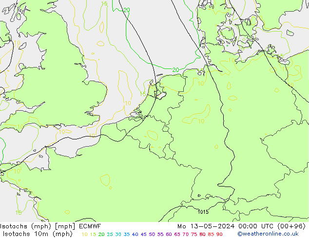 Isotachs (mph) ECMWF Mo 13.05.2024 00 UTC