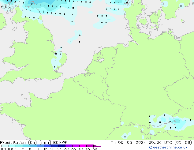 Precipitation (6h) ECMWF Th 09.05.2024 06 UTC