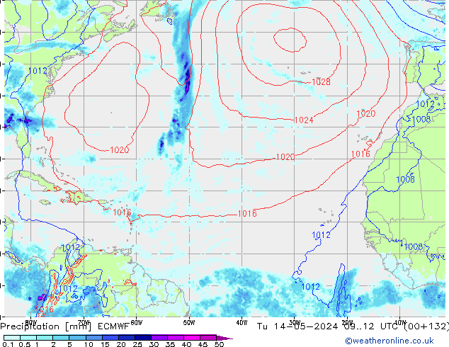 Srážky ECMWF Út 14.05.2024 12 UTC