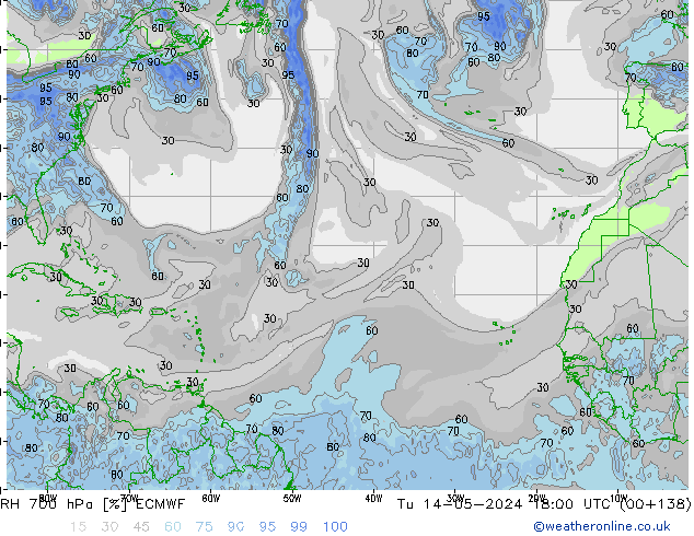 Humedad rel. 700hPa ECMWF mar 14.05.2024 18 UTC