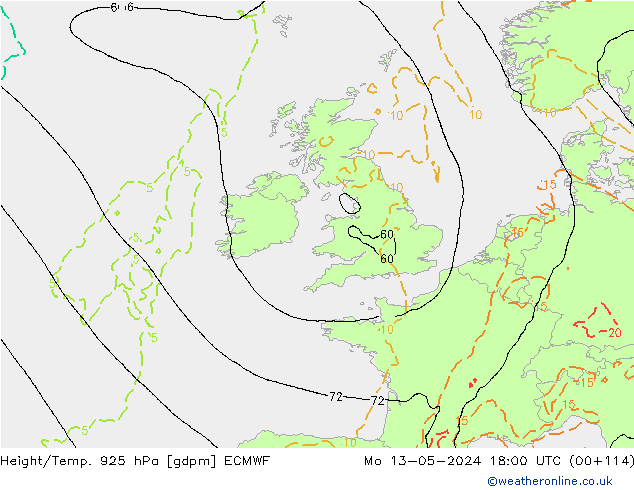 Height/Temp. 925 гПа ECMWF пн 13.05.2024 18 UTC