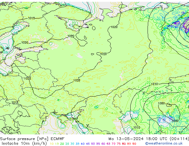 Izotacha (km/godz) ECMWF pon. 13.05.2024 18 UTC