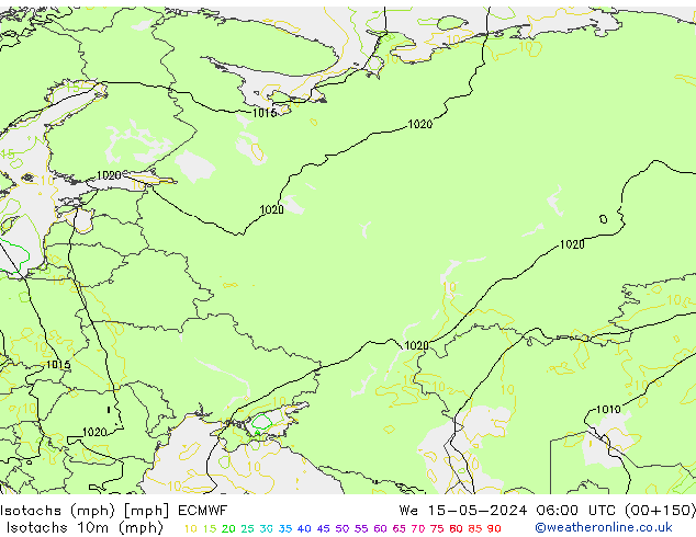 Izotacha (mph) ECMWF śro. 15.05.2024 06 UTC