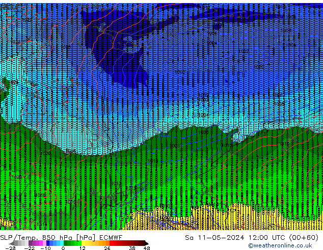 SLP/Temp. 850 hPa ECMWF Sa 11.05.2024 12 UTC